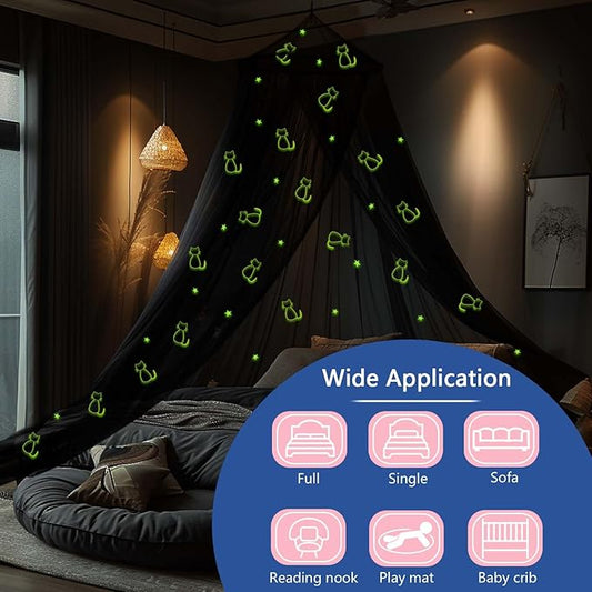 Daksha Black Princess Bed Canopy for Girls with Glowing Stars and Cats, Ceiling Tent for Kids Room Decor, Fits Twin, Full and Queen Size Beds