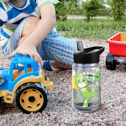 LOGOVISION PJ Masks Kids Tritan Plastic Water Bottle with Straw Lid and Handle, Reusable Tumbler for Toddlers, Unisex for Girls and Boys, 12oz, Big Gekko