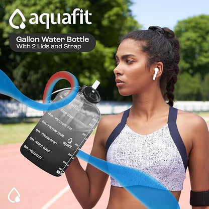 AQUAFIT 1 Gallon Water Bottle with Time Marker - BPA Free 128 oz Water Bottle with Straw, Gym Water Bottle with Handle, 1 Gallon Water Jug, Big Water Bottle, Large Water Bottle (White)