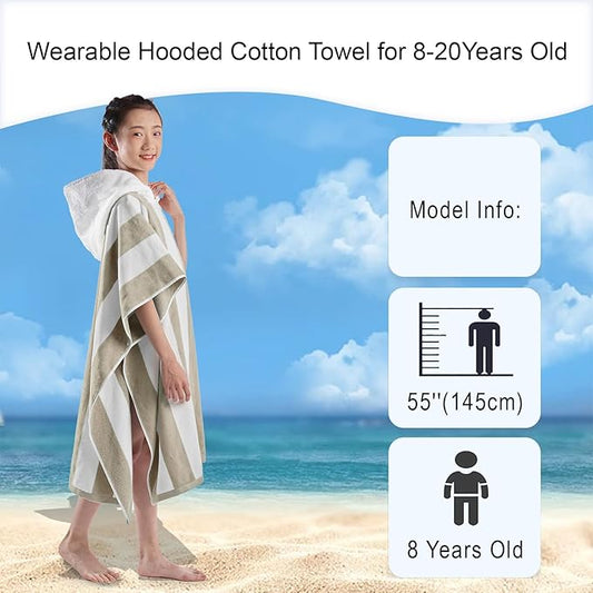 VOOVA & MOVAS Big Kids Hooded Towel Robe | Large (8-16Years) Thick and Absorbent Cotton Poncho for Pool, Swim, and Bath - Beige and White Cabana