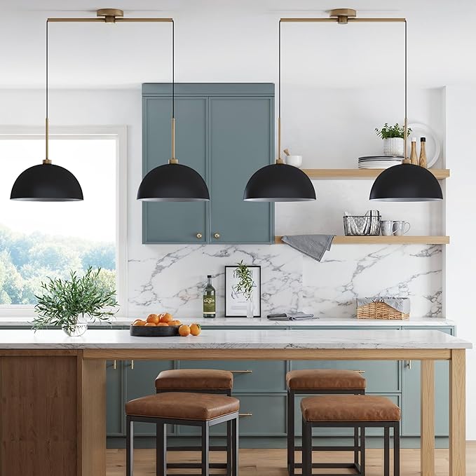 Nathan James Percy Modern 2-Light Pendant Island Light Fixture, Hanging Lights with Metal Shade and Adjustable Cord, for Kitchen, Living Room, Black/Vintage Brass