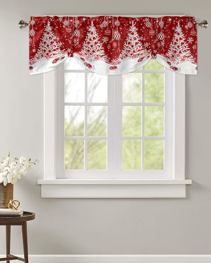 Red Christmas Blackout Tie Up Valance Curtains for Kitchen Windows White Xmas Tree Snowflakes Red Balls Window Toppers Balloon Shades for Living Room/Bathroom/Bedroom,1 Panel, 42" X 12", Winter