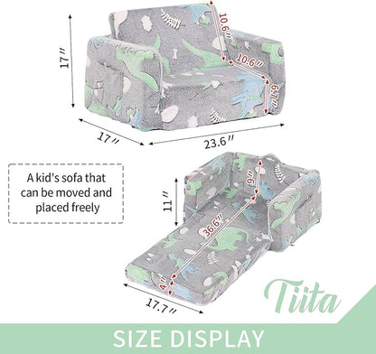 Tiita Kids Sofa, 2-in-1 Kids Sofa Chair, Convertible Children Couch to Lounger, Flip Out Kids Sofa Chair, Toddler Armrest Chair Bed for Girl or Boy(Dark Grey Dinosaur)