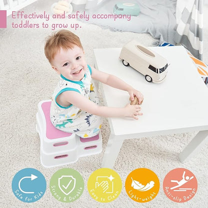 Pink Toddler Step Stool for Toilet, Two Step Stool for Kids Bathroom with Handle for Potty Training, Non-Slip Girls Small Heavy Duty Plastic Stool for Sink Bed Kitchen Counter (White-Pink)