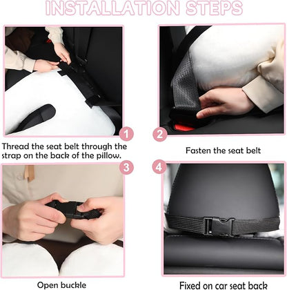 Kids Travel Pillow for Car Seat with Hand Muff, Cartoon Neck & Headrest Seat Belt Pillow for Car Road Trips Long-Distance Travel Sleeping Pillow for Adults and Children, Pink