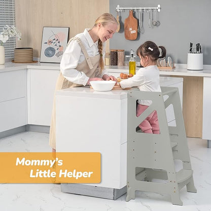 Toddler Step Stool - Toddler Tower with Message Boards & Safty Rail, Adjustable Height Learning Tower for Toddlers 1-3, Chalkboard and Whiteboard, Anti-Slip Protection,Wooden Toddler Counter (Grey)