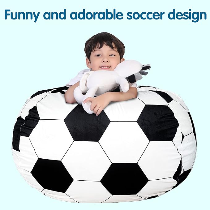 Lukeight Stuffed Animal Storage Bean Bag Chair Cover for Kids, Soccer Zipper Beanbag Chair Cover for Organizing Toddler and Kids' Rooms Plush Toys (Soccer Velvet, XX-Large)