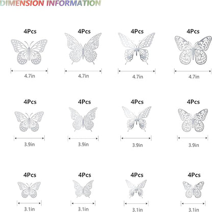 SAOROPEB 3D Butterfly Wall Decor, 48 Pcs 4 Styles 3 Sizes, Removable Metallic Wall Sticker Room Mural Decals for Kids Bedroom Nursery Classroom Party Decoration Wedding Decor DIY Gift (SLIVER)