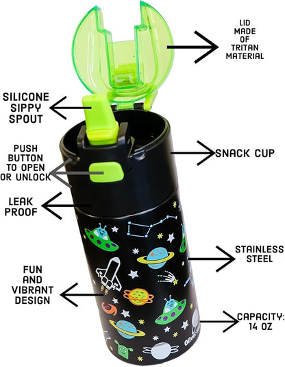 Kids insulated water bottle with straw and snack cup. Double wall stainless steel 14oz (blue and black astronaut)