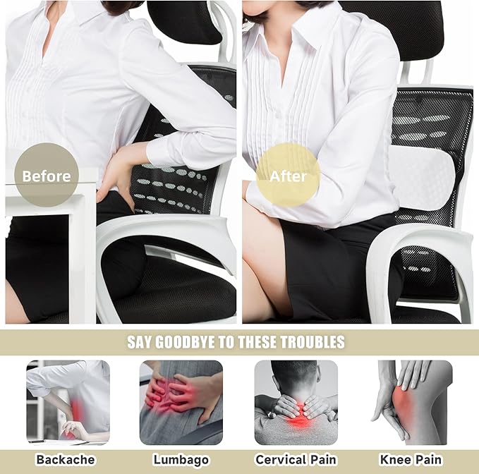 Lumbar Roll Pillow for Lower Back, Lumbar Support Foam Roll Cushion with Pillowcase and Upgraded Strap for Office, Chair, Car, Seat Pain Relief & Improving Posture (White, Short-11 * 4.3'')