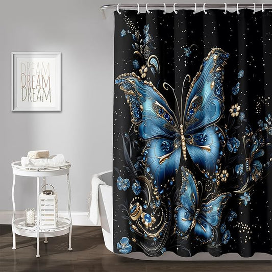 AILONEN Butterfly Shower Curtain for Bathroom, Blue Butterfly Waterproof Shower Curtain,Modern Fashion Minimalist Shower Curtain Bathroom Decor with 12 Plastic Hooks 36" W*72" H