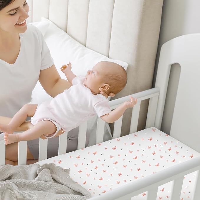Pack and Play Sheets Fitted, 2-Pack Mini Crib Sheets - Pack N Play Sheets, Organic Fitted Crib Sheet for Pack and Play Mattress, Playard Baby Crib Sheets, Crib Sheets Neutral for Boys (Butterflies)