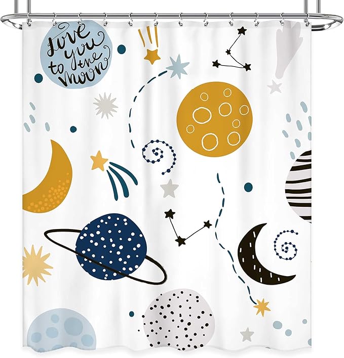 Kids Boys Shower Curtain Cartoon Planet Cute Universe Galaxy Space Moon Kid Shower Curtain Bathroom Set Baby Print Cosmos for Boys Girls Kids Bath Curtain Accessories Decor 60Wx72L