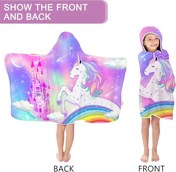 Unicorn Hooded Beach Towel for Kids, Cute Rainbow Bath Towel with Hood for Girls, Pink Magic Castle Microfiber Super Absorbent Soft Poncho Bathrobe for Swin Pool 30”x50”