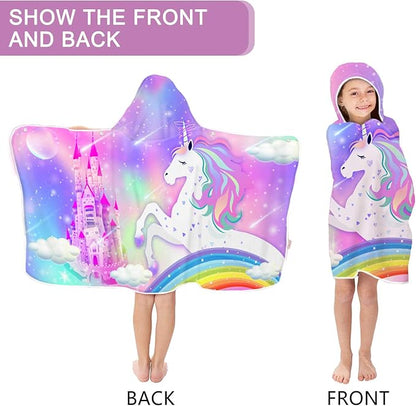 Unicorn Hooded Beach Towel for Kids, Cute Rainbow Bath Towel with Hood for Girls, Pink Magic Castle Microfiber Super Absorbent Soft Poncho Bathrobe for Swin Pool 30”x50”