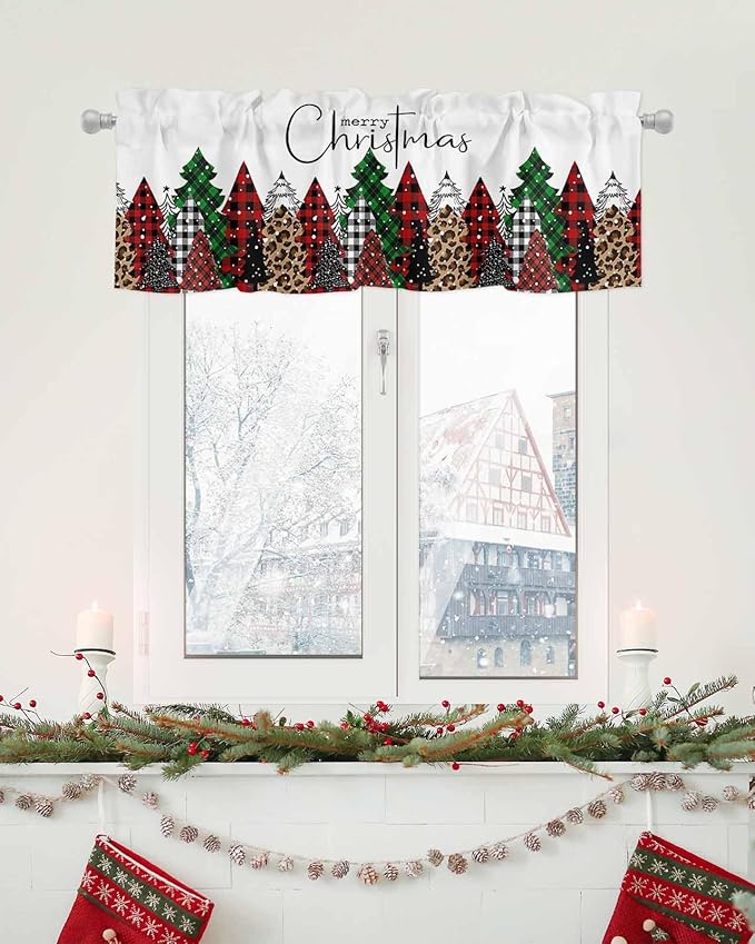 Merry Christmas Valance Curtains for Kitchen Windows Buffalo Plaid Xmas Tree Winter Forest Farmhouse Rod Pocket Window Treatment Toppers for Kitchen/Living Room/Bedroom/Bathroom, 54" X 18",Red Green