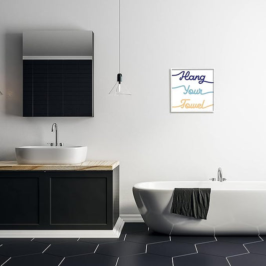 Stupell Industries Hang Your Towel Phrase Children's Bathroom Typography Wall Art, 17 x 17, White Framed