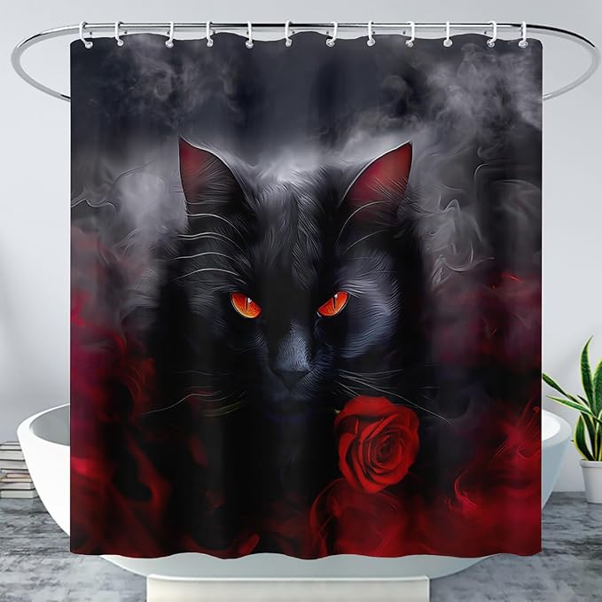 AILONEN 3D Black Cat Shower Curtain,Cat with Red Rose Polyester Cloth Bath Curtain Set for Kids Boys,Fog with Flowers Waterproof Shower Curtain for Bathroom, 72" W*96" H Black