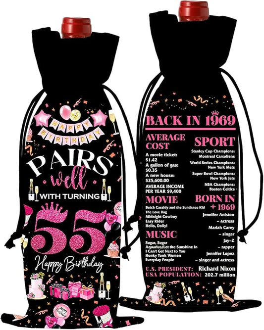 55th Birthday Gifts for Women Men Wine Bag, 55 Year Old Birthday Wine Bags for Women Men, 55th Birthday Party Decorations for Women Men, Pairs Well with Turning 55 Wine Bags (Black Pink)