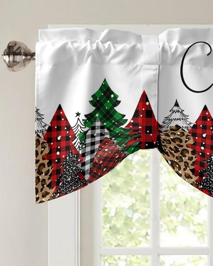Merry Christmas Blackout Tie Up Valance Curtains for Kitchen Windows Buffalo Plaid Xmas Tree Winter Forest Farmhouse Window Toppers Balloon Shades for Living Room/Bath/Bedroom, 42" X 18", Red Green