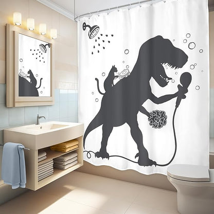 LGhtyro Kids Funny Dinosaur Shower Curtain Bathroom Set 60Wx71H Inches Boys Dino Cat Trex Raptor Animal Shadow Silhouette Bath Cartoon Bath Accessories Black White Art Home Decor Fabric 12 Pack Hooks