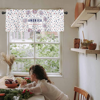Vandarllin 4th of July Kitchen Curtains Valances for Windows Patriotic America Stars Fireworks Rod Pocket Window Treatment for Kitchen/Living Room/Bedroom/Bathroom, 42" X 18", Red White Blue