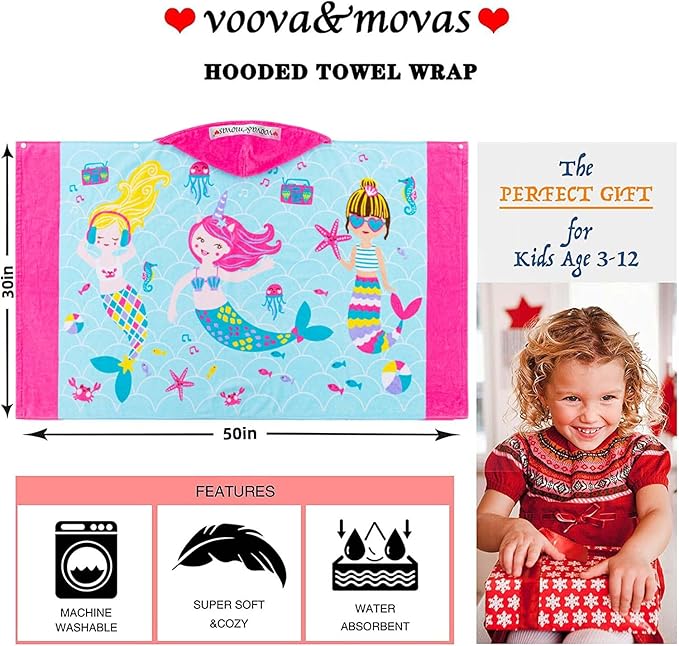 VOOVA & MOVAS Kids Towels Age 3-10, Soft | Thick | Large | 100% Cotton,Absorbent Beach, Bath, Pool Towels Wrap for Girls, Sea Mermaid