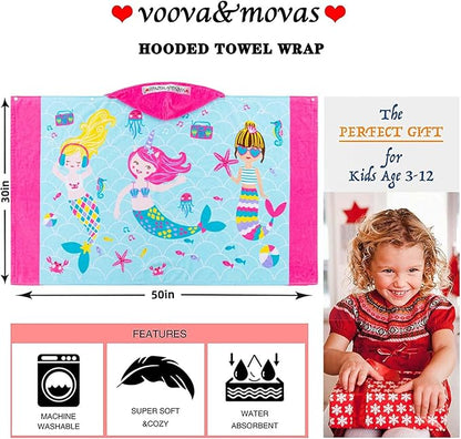 VOOVA & MOVAS Kids Towels Age 3-10, Soft | Thick | Large | 100% Cotton,Absorbent Beach, Bath, Pool Towels Wrap for Girls, Sea Mermaid