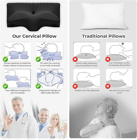 Cervical Pillow for Neck Pain Relief, Cooling Contour Memory Foam Pillows Support Odorless Ergonomic Neck Pillow Adjustable Orthopedic Bed Pillow for Side Back Stomach Sleeper with Pillowcase