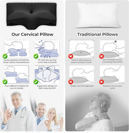 Cervical Pillow for Neck Pain Relief, Cooling Contour Memory Foam Pillows Support Odorless Ergonomic Neck Pillow Adjustable Orthopedic Bed Pillow for Side Back Stomach Sleeper with Pillowcase