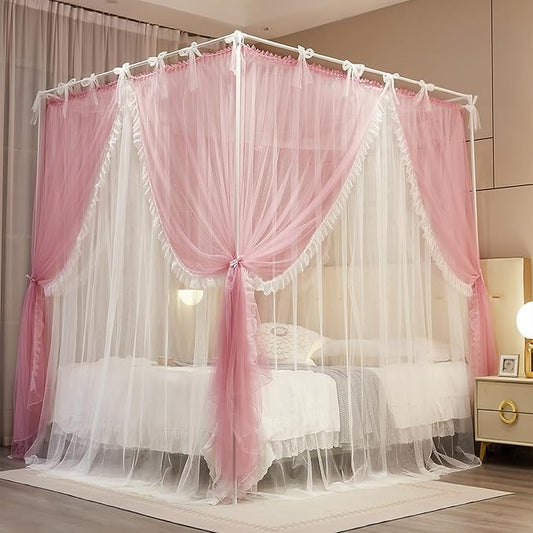 4 Corners Post Princess Curtain Bed Canopy Lace Up Double Layer 4 Opening Mosquito Net Mesh for Girls Bedroom Decoration(Pink/White, 59" W*82" L*82" H/Queen)