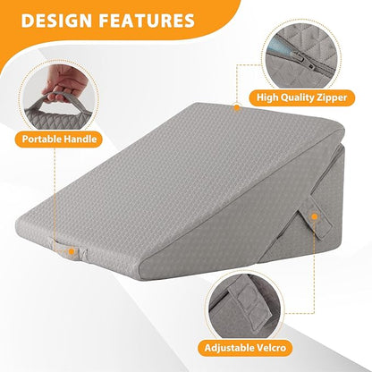Bed Wedge Pillow for Sleeping, 9&12 Inch Wedge Pillow for Back Pain Relief, Adjustable 7-in-1 Memory Foam Triangle Pillow for Back and Leg Support, Acid Reflux, Snoring & Gerd, Grey