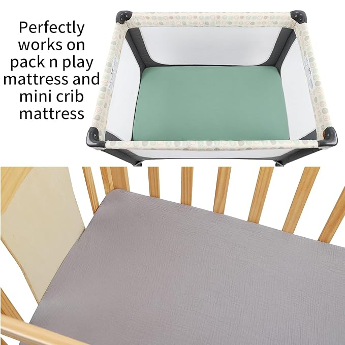 Muslin Pack n Play Sheets Soft Breathable 100% Cotton Mini Crib Fitted Sheets Portable/Convertible Playard Mattress Cover 2 Pack for Baby Boy and Girl, Grey and Green