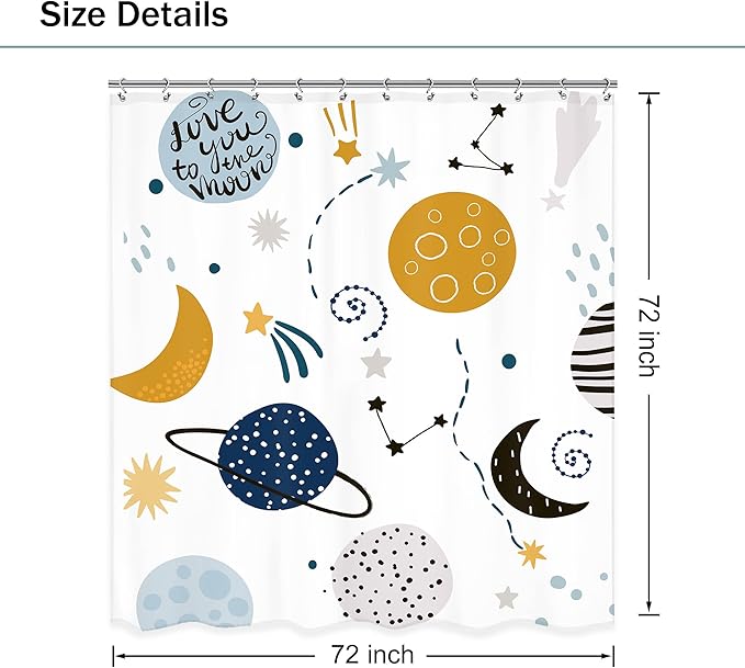 Kids Cartoon Planet Shower Curtain 72Wx72L Inch Boys Kid Shower Curtain Bathroom Set Universe Galaxy Space Cute Baby Print Cosmos for Girls Child Bath Curtain Bathtub Accessories Home Decor