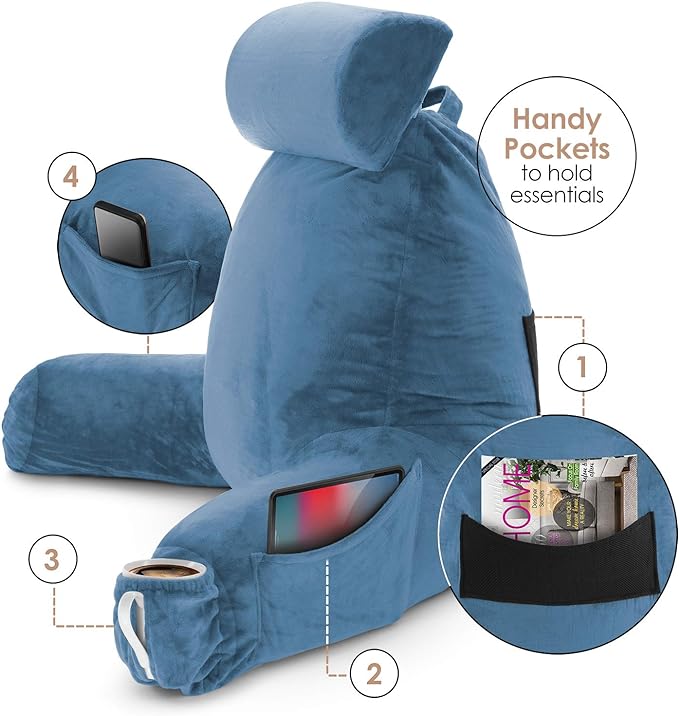 Nestl Reading Pillow Large Bed Pillow, Back Pillow for Sitting in Bed Shredded Memory Foam Chair Pillow, Reading & Bed Rest Pillows Blue Heaven Back Pillow for Bed, Bed Chair Arm Pillow with Pockets