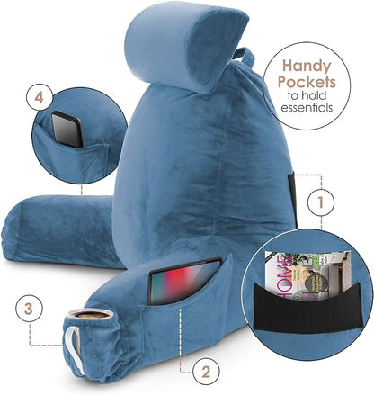 Nestl Reading Pillow Large Bed Pillow, Back Pillow for Sitting in Bed Shredded Memory Foam Chair Pillow, Reading & Bed Rest Pillows Blue Heaven Back Pillow for Bed, Bed Chair Arm Pillow with Pockets