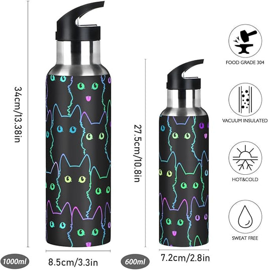 senya 20 Oz Water Bottle with Straw Colorful Neon Cat Stainless Steel Water Bottle for Traveling Sports Leakproof Insulated Water Bottle