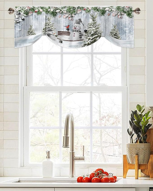 Merry Christmas Blackout Tie Up Valance Curtains for Kitchen Windows Xmas Snowman Snowy Pine Tree Window Toppers Balloon Shades for Living Room/Bathroom/Bedroom,1 Panel, 54" X 18", Blue Winter
