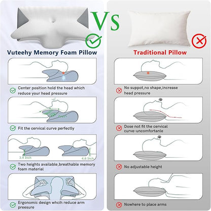 Cervical Neck Pillow for Pain Relief, Vuteehy Adjustable Ergonomic Memory Foam Pillow for Neck and Shoulder Pain, Orthopedic Contour Support Pillows for Side Back & Stomach Sleepers, Grey-1