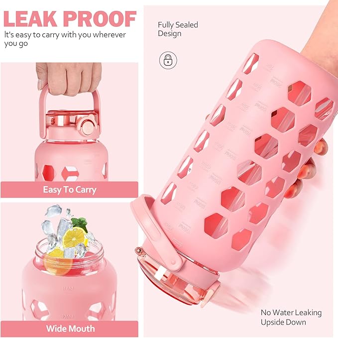 MUKOKO Half Gallon/64 oz Glass Water Bottles with Straw and Lid,Motivational Water Jug with Time Marker Reminder and Silicone Sleeve,100% Leakproof BPA Free Fitness Sports Large Bottle-Pink