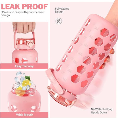 MUKOKO Half Gallon/64 oz Glass Water Bottles with Straw and Lid,Motivational Water Jug with Time Marker Reminder and Silicone Sleeve,100% Leakproof BPA Free Fitness Sports Large Bottle-Pink
