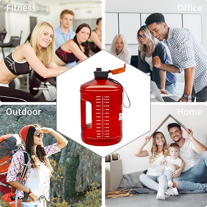Gallon Big Water Bottle with Handle, 128oz Leakproof BPA Free Fitness Sports Water Bottle with Motivational Time Marker & Wide Mouth Ensure You Drink More Water