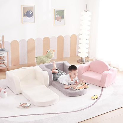 Tiita Kids Sofa, 2-in-1 Kids Sofa Chair, Convertible Chirldren Couch to Lounger, Flip Out Kids Sofa Chair, Toddler Armrest Chair Bed, Folding Kids Play Sofa for Girl or Boy, Grey