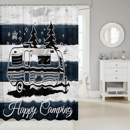 Feelyou Camper Shower Curtain Happy Camping Fabric Shower Curtain for Kids Boys Girls Rv Camping Bathroom Waterproof Accessories with 12 Hooks Camper Accessories Travel Trailers Curtains,72x84 Inches