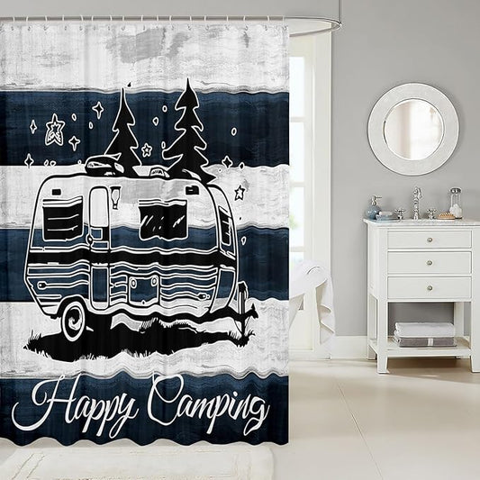 Feelyou Camper Shower Curtain Happy Camping Fabric Shower Curtain for Kids Boys Girls Rv Camping Bathroom Waterproof Accessories with 12 Hooks Camper Accessories Travel Trailers Curtains,72x78 Inches