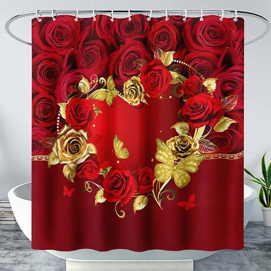 AILONEN Red Rose Couple Shower Curtain,Red and Gold Hearts Printed Bath Curtain,Modern Waterproof Luxury Rose Themed Bathroom Decor, 48" W x 72" H