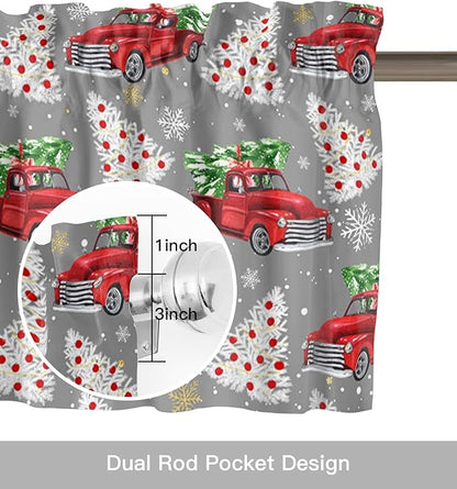 Red Truck Christmas Valance Curtains for Kitchen Windows Merry Christmas Tree Rod Pocket Window Treatment Toppers for Kitchen/Living Room/Bedroom/Bathroom, 60" X 18", Winter Snowflake Grey