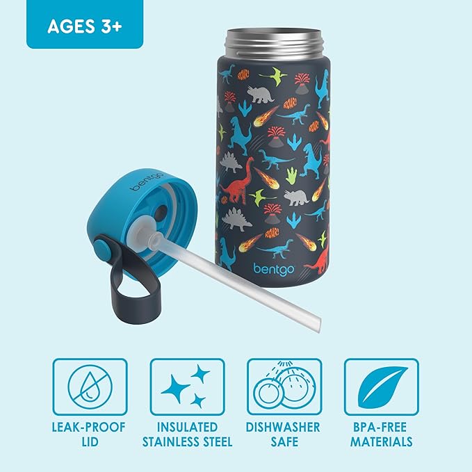 Bentgo® Kids Stainless Steel Insulated Water Bottle - Leak-Proof; Keeps Cool for 12 Hours; Durable, BPA-Free, Dishwasher Safe 14 oz. Cup for Ages 3+ for School/Sports/Daycare (Dinosaur)