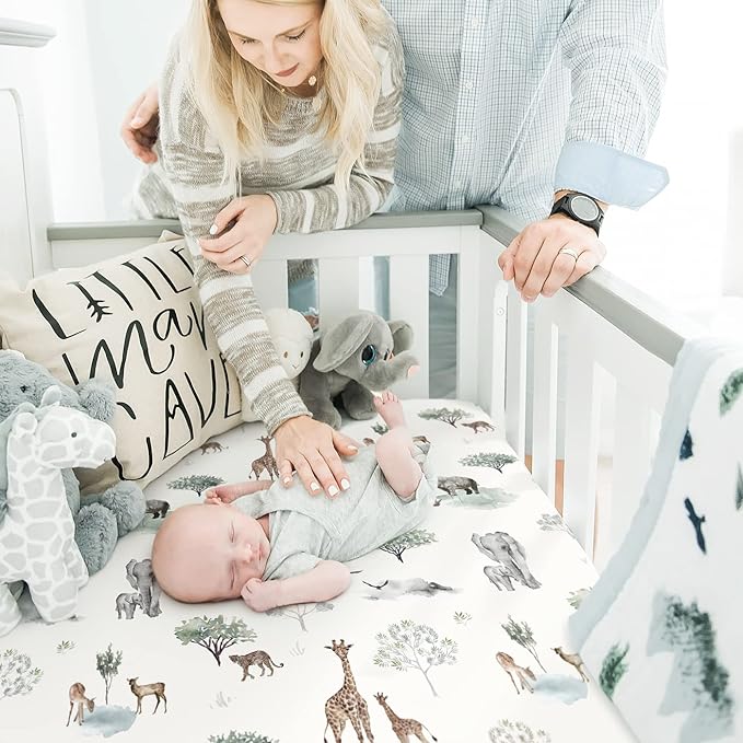 GRSSDER Stretch Ultra Soft Jersey Knit Fitted Crib Sheets Set 2 Pack，Fit All Standard Crib Mattress Pads Safe and Snug, Crib Fitted Sheet for Boys and Girls, Pretty African Savannah Animals Pattern