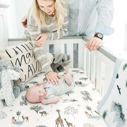 GRSSDER Stretch Ultra Soft Jersey Knit Fitted Crib Sheets Set 2 Pack，Fit All Standard Crib Mattress Pads Safe and Snug, Crib Fitted Sheet for Boys and Girls, Pretty African Savannah Animals Pattern